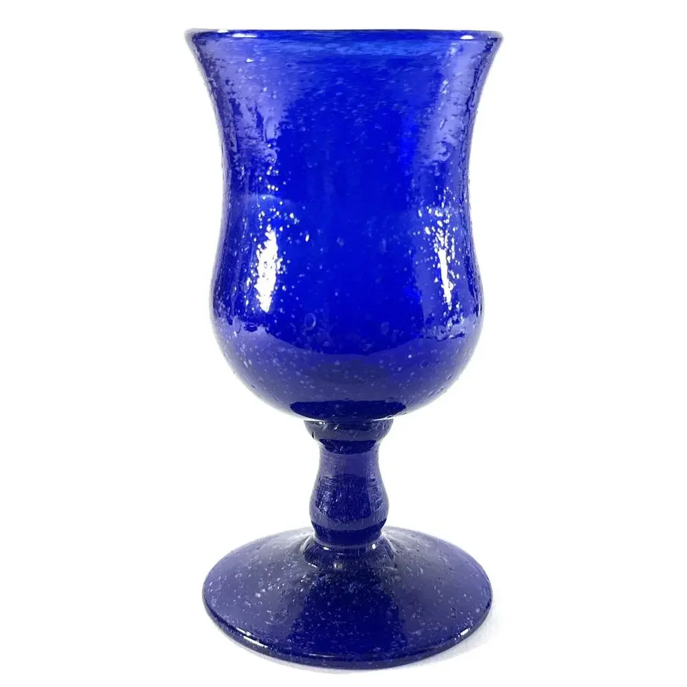 Vintage Cobalt Blue Hand Blown Glass Goblet Vase Controlled Bubble 5.5”
